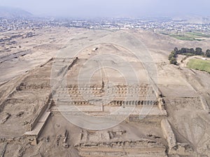 Aerial media over Pachacamac temple, archeological complex in Lima Peru. Pre inca culture kno