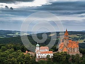 Aerial of medieval castle on the hill in Czech region of Moravia