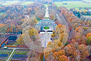 Aerial from medieval castle Groeneveld in the countryside from Netherlands in fall