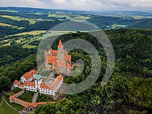 Aerial of medieval castle on the hill in Czech region of Moravia
