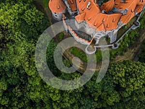 Aerial of medieval castle on the hill in Czech region of Moravia