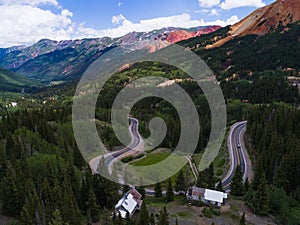 Aerial of million dollar highway near Ouray, Colorado