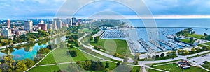 Aerial Milwaukee Marina at Dawn with Urban Skyline and Park Panorama