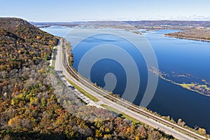 Aerial of mississippi river and bluffs at latsch state park