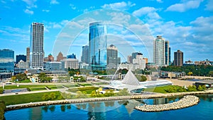 Aerial Modern Milwaukee Skyline with Quadracci Pavilion and Lake Michigan