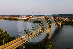 Aerial of Modern Truss Bridge with City Skyline in Background - Ohio River - Huntington, West Virginia & Ohio