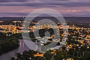 Aerial of the Morgantown WV City Skyline Lights at Dusk