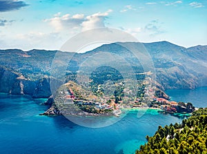 Aerial morning cityscape of Asos village on the west coast of Cephalonia island , Greece, Europe. Amazing summer sescape of Ionian