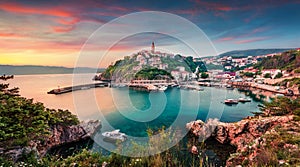 Aerial morning cityscape of Vrbnik town. Wonderful summer seascape of Adriatic sea, Krk island, Kvarner bay archipelago, Croatia,