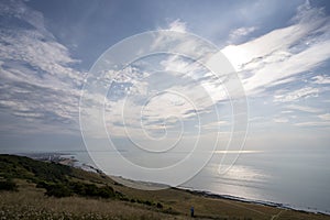 Aerial morning summer view over Eastbourne seafront and pier from Beachy Head