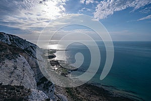 Aerial morning summer view over Eastbourne seafront and pier from Beachy Head