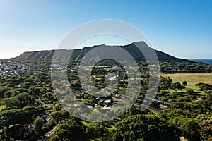 Aerial, morning view of Diamond Head crater in Honolulu, Hawaii