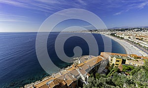 Aerial morning view of the famous Angel's Bay with downtown cityscape from Castle Hill, Nice