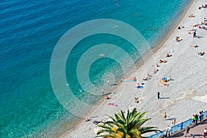 Aerial morning view of the famous Angel's Bay with downtown cityscape from Castle Hill, Nice