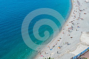 Aerial morning view of the famous Angel's Bay with downtown cityscape from Castle Hill, Nice