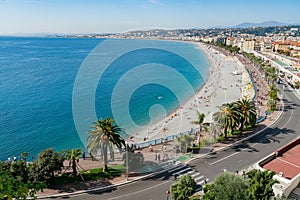 Aerial morning view of the famous Angel's Bay with downtown cityscape from Castle Hill, Nice