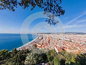 Aerial morning view of the famous Angel's Bay with downtown cityscape from Castle Hill, Nice