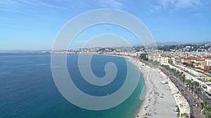 Aerial morning view of the famous Angel's Bay with downtown cityscape, Nice