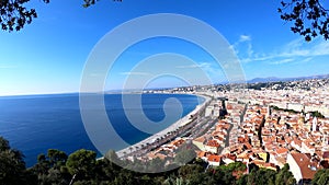 Aerial morning view of the famous Angel's Bay with downtown cityscape, Nice