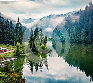 Aerial morning view of Lacu Rosu lake.