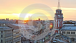 Aerial morning view of Nevsky prospect St.Petersburg. Main street at sunrise.