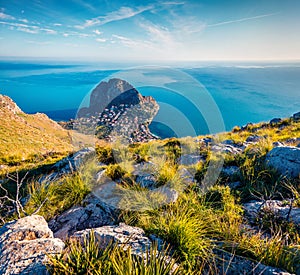 Aerial morning view of Zafferano cape. Attractive spring seascape of Mediterranean sea, Sicily, Italy, Europe.