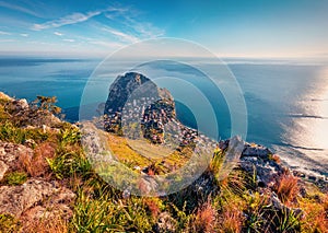 Aerial morning view of Zafferano cape. Spectacular spring seascape of Mediterranean sea, Sicily,