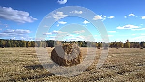 Aerial motion around large straw roll on stubble field