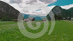 Aerial motion over flower meadow to village near mountains