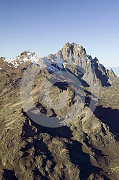 Aerial of Mount Kenya, Africa and snow in January, the second highest mountain at 17,058 feet or 5199 Meters