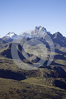 Aerial of Mount Kenya, Africa and snow in January, the second highest mountain at 17,058 feet or 5199 Meters