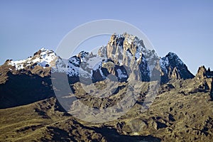 Aerial of Mount Kenya, Africa and snow in January, the second highest mountain at 17,058 feet or 5199 Meters photo