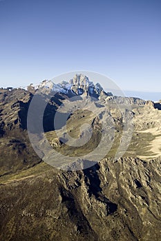 Aerial of Mount Kenya, Africa and snow in January, the second highest mountain at 17,058 feet or 5199 Meters