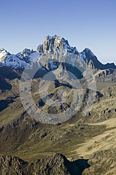 Aerial of Mount Kenya, Africa and snow in January, the second highest mountain at 17,058 feet or 5199 Meters