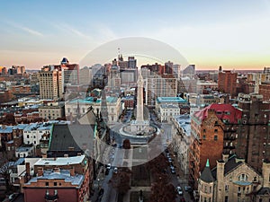 Aerial of Mount Vernon Place in Baltimore, Maryland looking at t