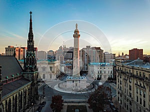 Aerial of Mount Vernon Place in Baltimore, Maryland looking at t