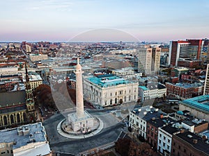 Aerial of Mount Vernon Place in Baltimore, Maryland looking at t