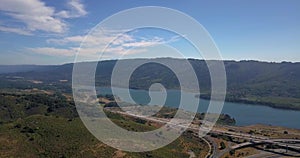 Aerial of Mountain and lake in san mateo near highway 280 california