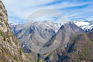 Aerial mountain panorama in Ticino Lavizzara with snowcapped mountains photo