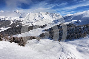 Aerial mountain view of Pila ski resort in winter, Aosta, Italy photo