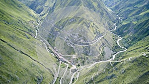 Aerial of Nariz del Diablo, devilÃ¢â¬â¢s nose, a famous railroad track in the andes of Ecuador. photo