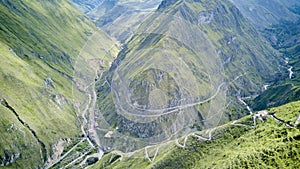 Aerial of Nariz del Diablo, devilâ€™s nose, a famous railroad track in the andes of Ecuador.