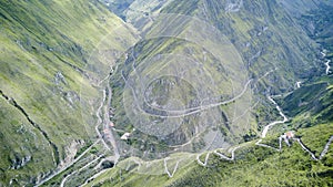 Aerial of Nariz del Diablo, devilâ€™s nose, a famous railroad track in the andes of Ecuador.