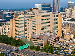 Aerial narrow angle closeup of Grady Memorial Hospital and Marcus Trauma Emergency Center