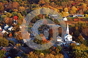 Aerial of a New England village in Autumn