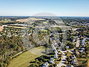 Aerial of New Freedom and surrounding Farmland in Southern Pennsylvania during Fall