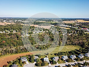 Aerial of New Freedom and surrounding Farmland in Southern Pennsylvania during Fall