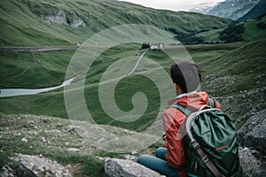 Aerial nice view of the Swiss type landscape with turist - Ai image