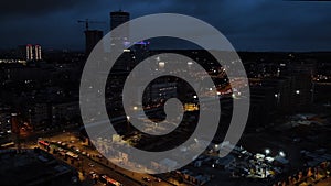 Aerial night panorama of modern part of Belgrade. Waterfront district