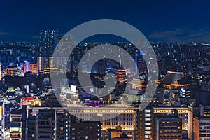 Aerial night panoramic view of illuminated skyscrapers and temples in Asakusa.